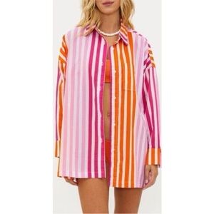 NWT BEACH RIOT Alexa Stripe Long Sleeve Cover-Up Shirt Sunset Stripes Size L/XL
